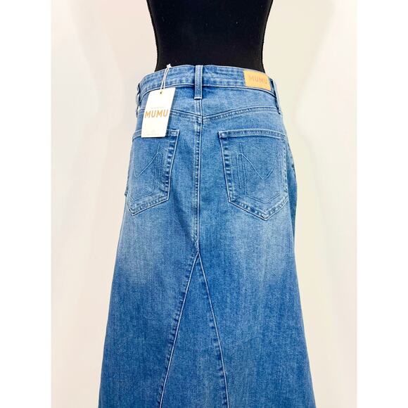 Show Me Your Mumu Reba Maxi Skirt in Open Seas Blue Size 27 Denim Fringe Hem - Picture 5 of 5
